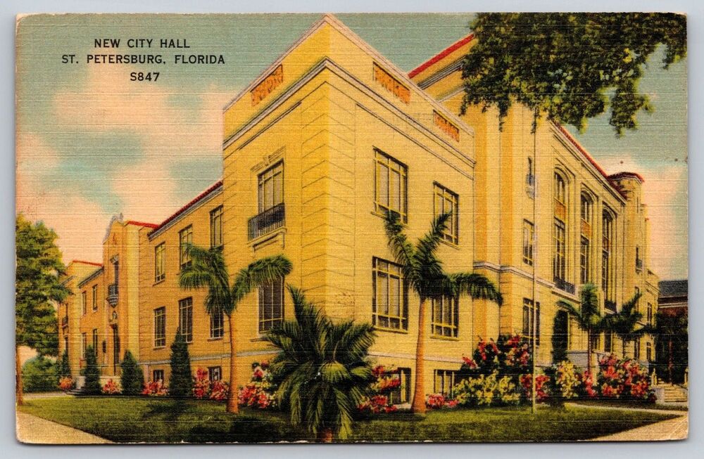1944 St. Petersburg FL Postcard Hurricane Message New City Hall Linen S847